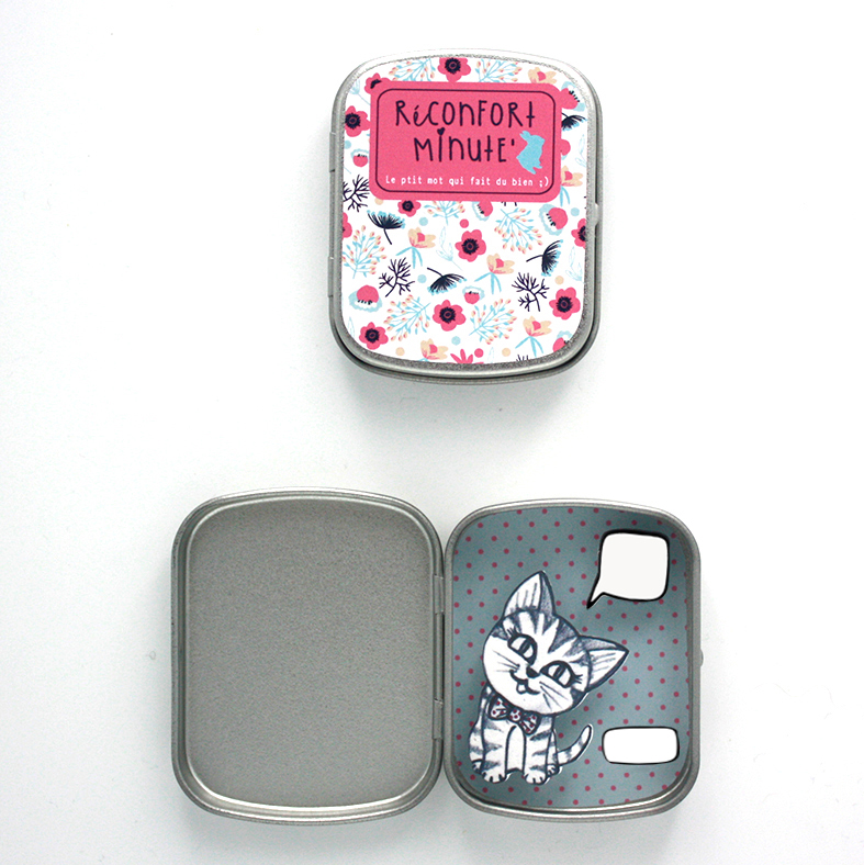 Boite réconfort minute personnalisée chat gris bulle et signature - Boite Réconfort Minute personnalisable 1 bulle et signature